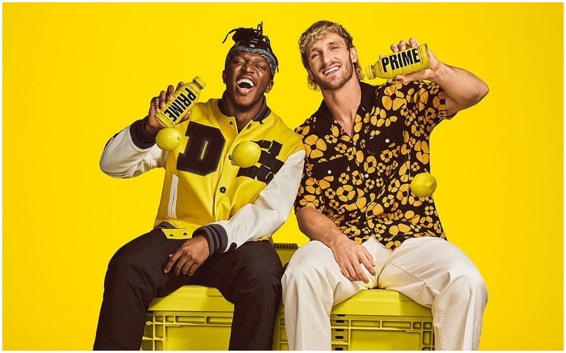 KSI and Logan Paul with Prime energy drink bottles