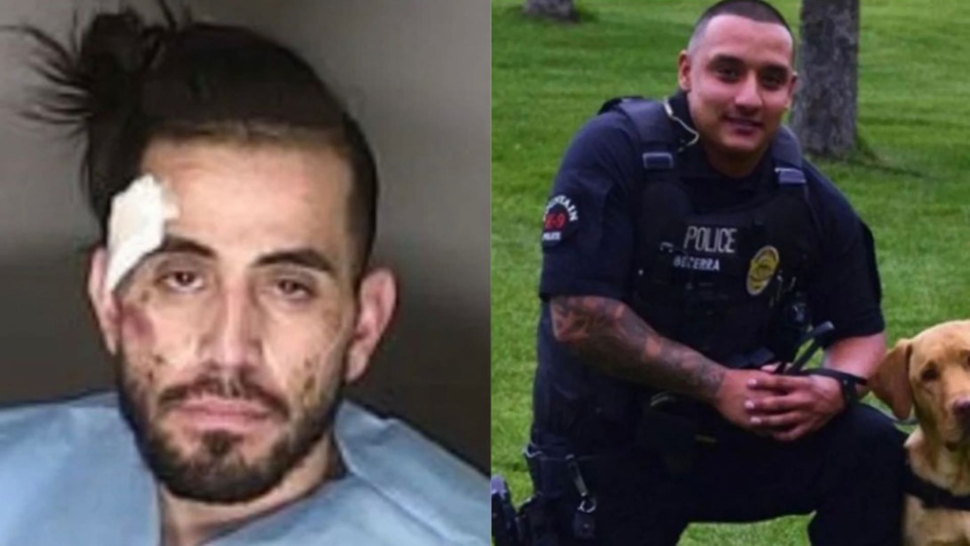 Devon Bobian (left) charged in the death of a Fountain police officer, Julian Becerra (right). (Images via Fountain Police Department)