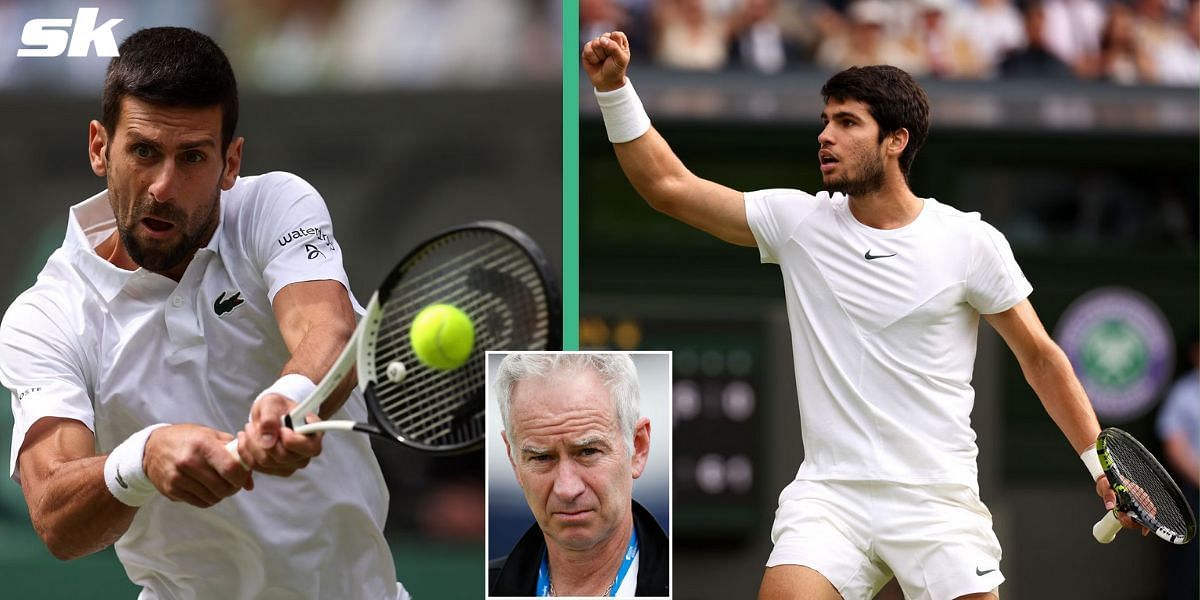 Novak Djokovic (L), John McEnroe (inset) and Carlos Alcaraz (R)