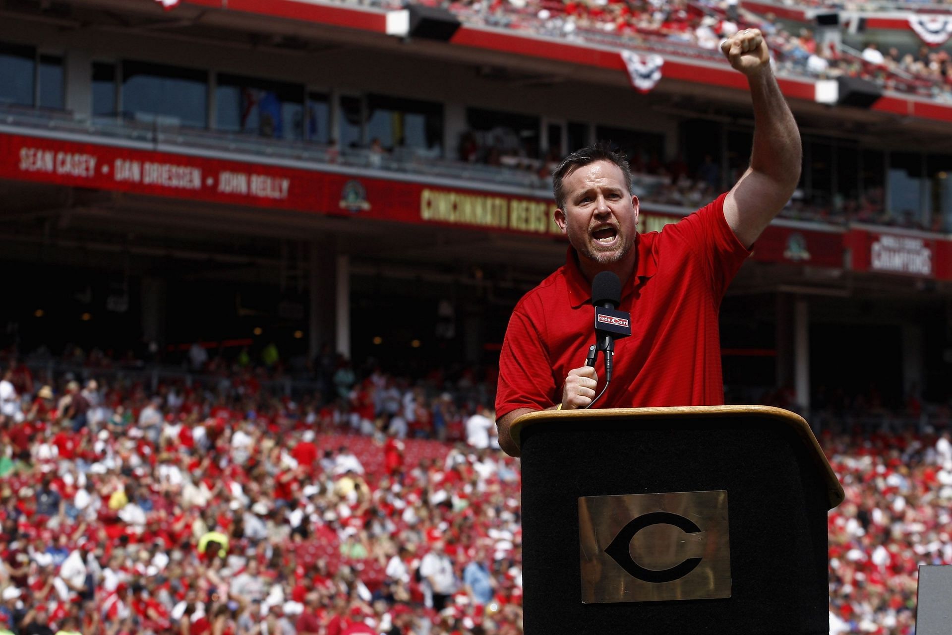 Cincinnati Reds Hall of Fame Inductee Sean Casey addresses the crowd at Great American Ball Park