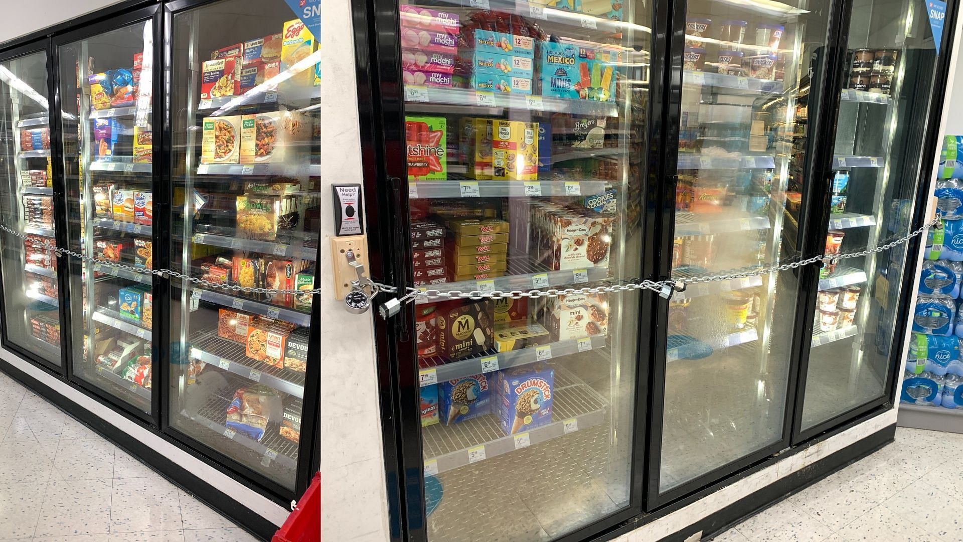 Rising retail thefts in a San Francisco Walgreens prompts the store to chain up their freezers (Image via Twitter/@greenbergnation)