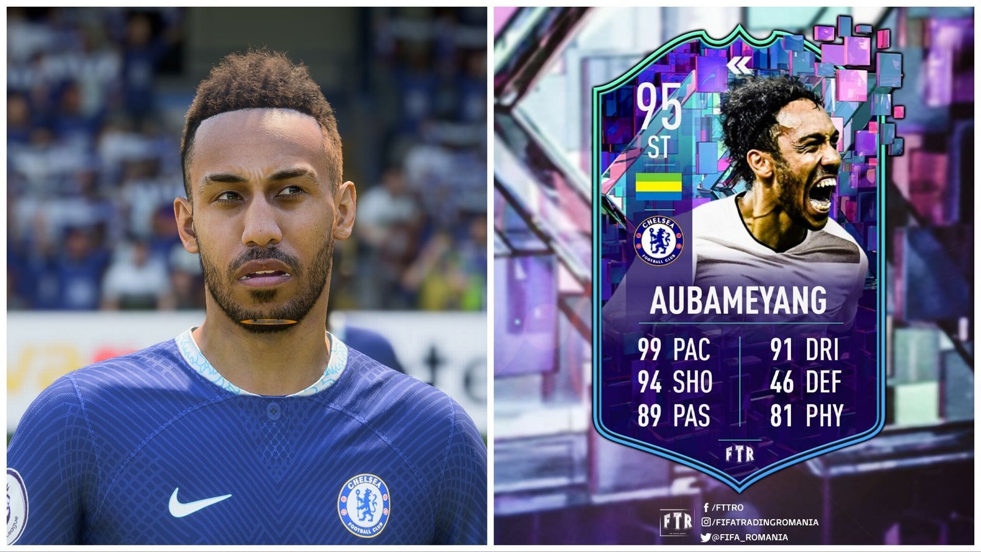 Flashback Aubameyang has been leaked (Images via EA Sports and Twitter/FIFATradingRomania)
