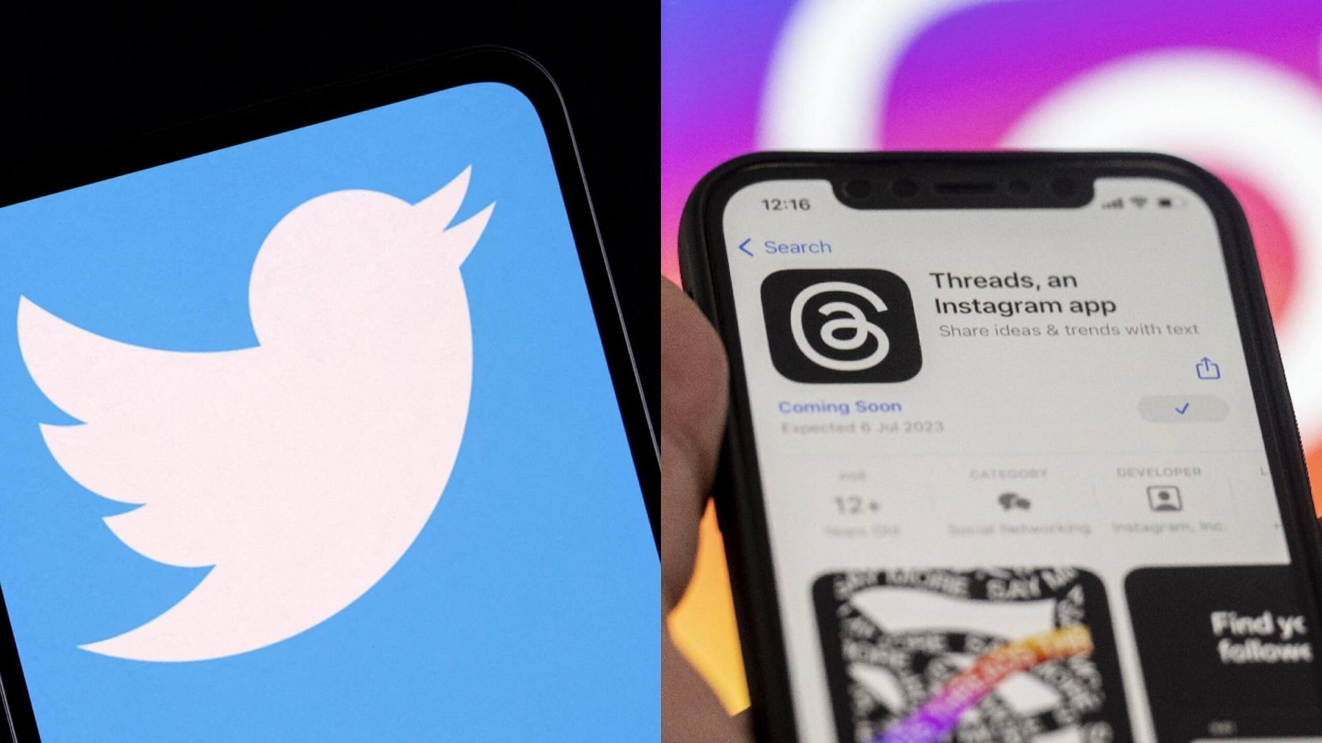 Twitter Logo on the left and Threads app on the right.