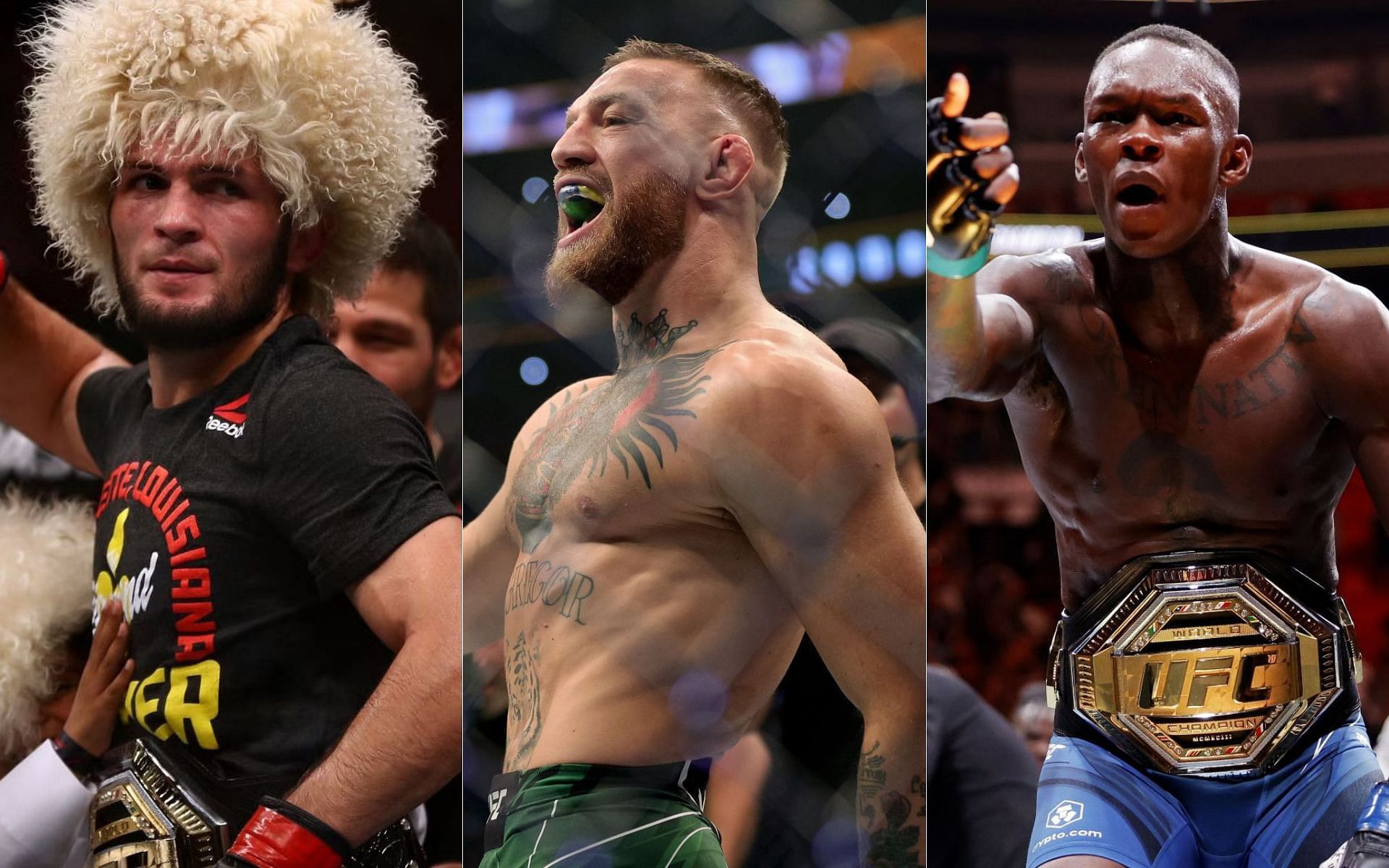 Khabib Nurmagomedov (left), Conor McGregor (middle) and Israel Adesanya (right)