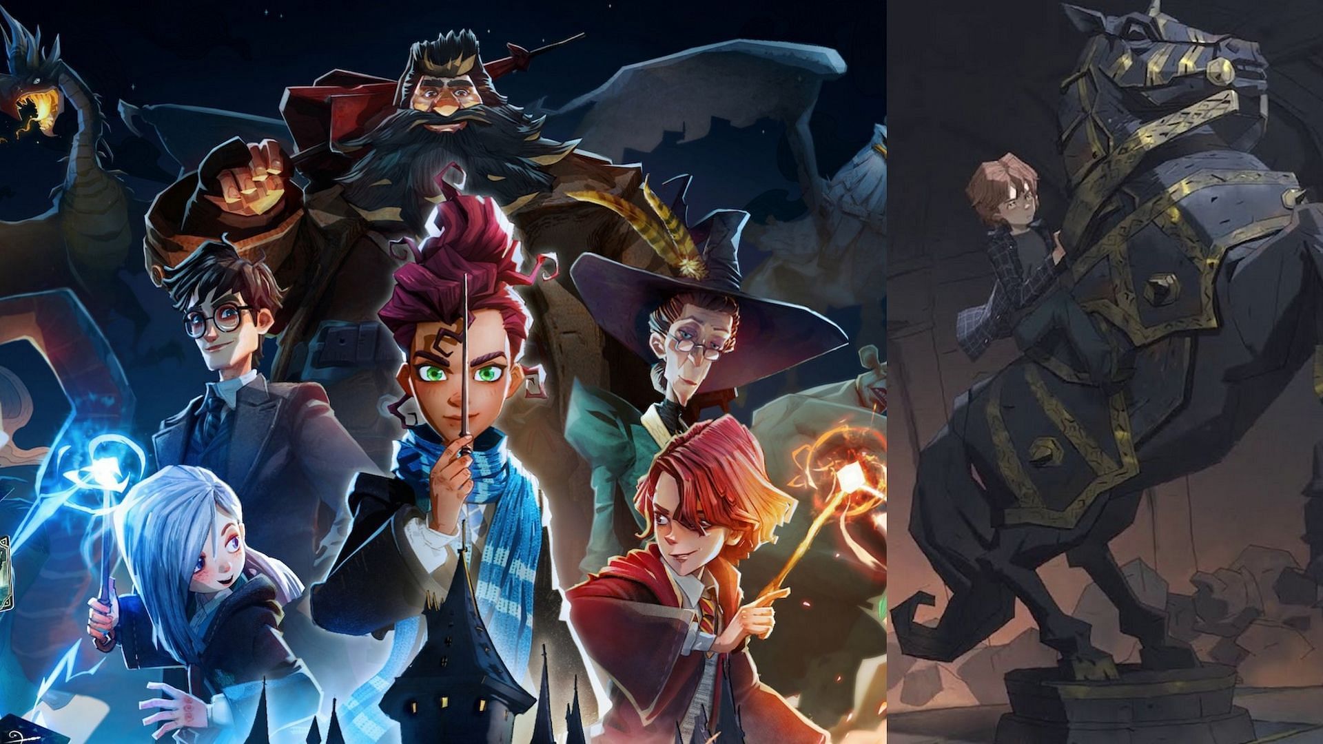 All characters in different poses with some of them wielding wands along with Ron Weasley on the right.