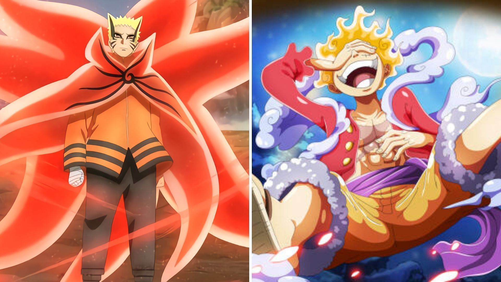 Comparing Baryon Mode Naruto and Gear 5 Luffy (Image via Sportskeeda)
