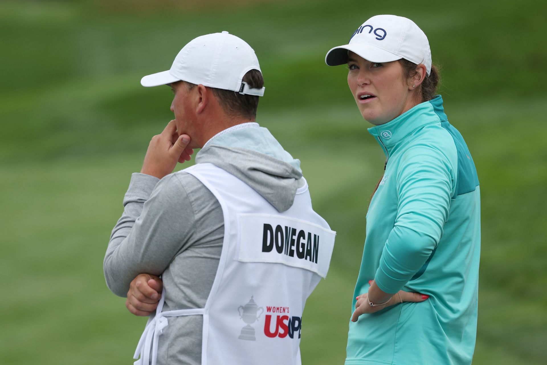 Aine Donegan with her caddie during the 78th U.S. Women&#039;s Open, Round One