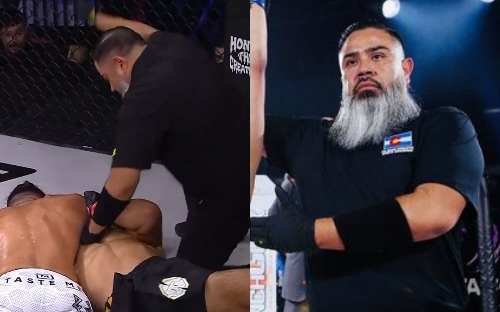 Image of the stoppage (left) Joel Ojeda (right) [Image courtesy @UFCFightPass on Twitter @the_bearded_ref on Instagram]