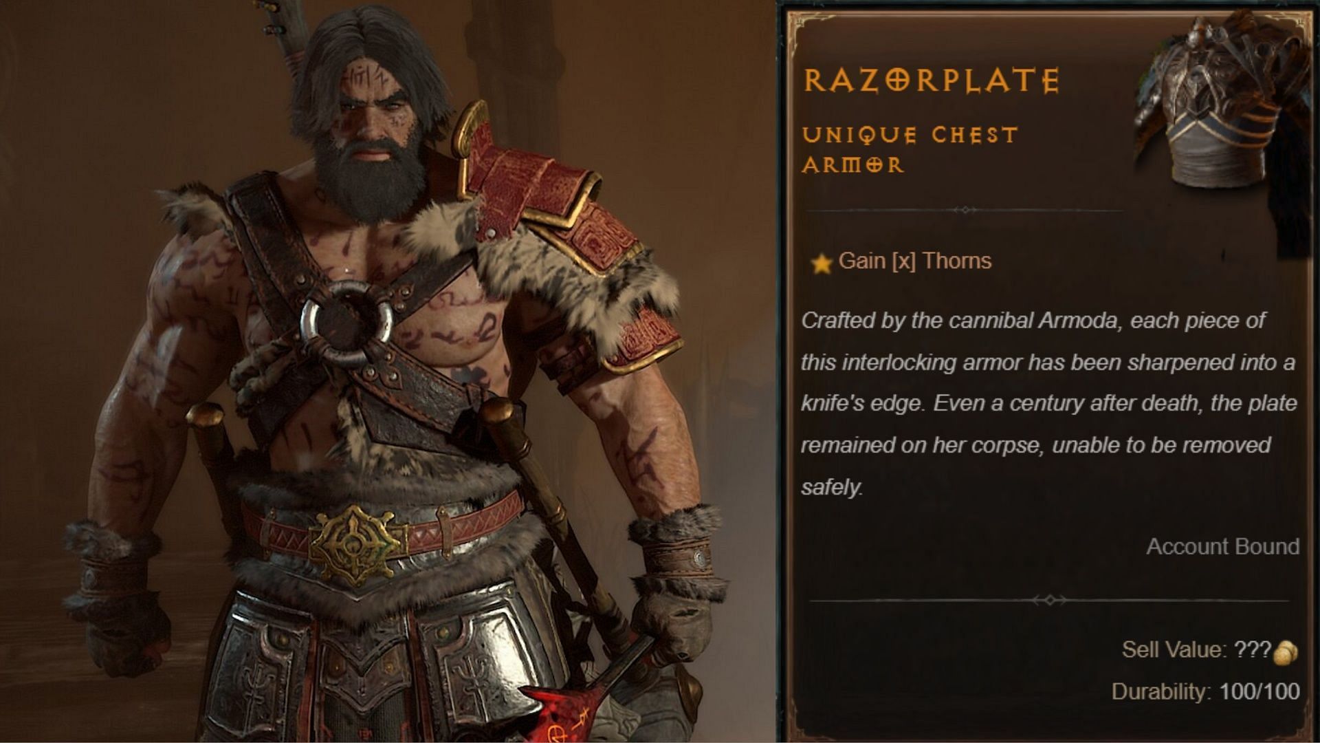 The Barbarian in Diablo 4 and Razorplate description on the right.