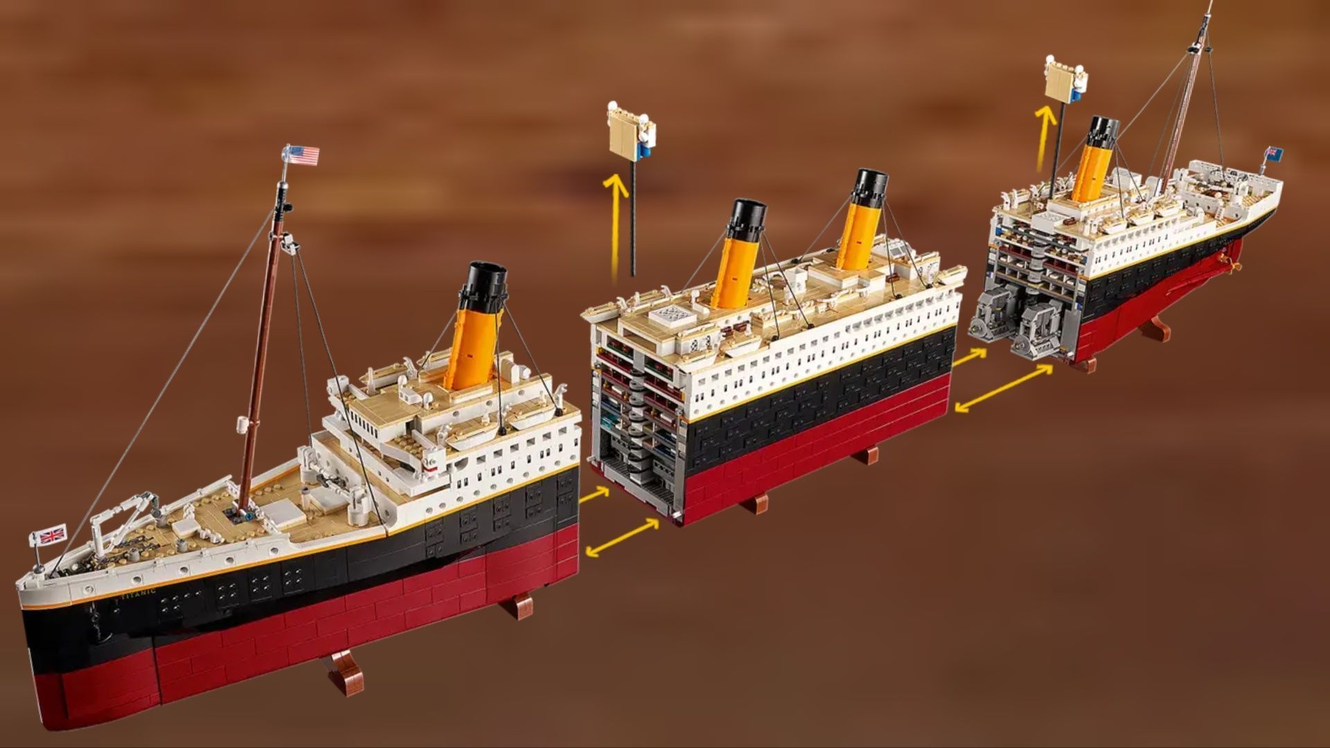 The colossal Titanic set can be split into three parts to showcase the intricate interior (Image via LEGO)