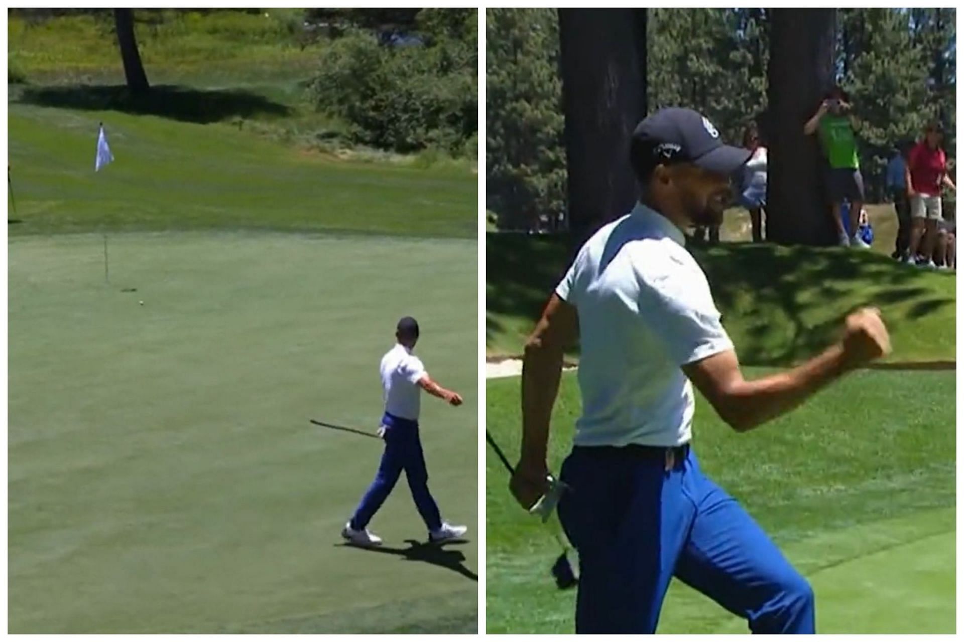 Steph Curry makes a no look birdie putt at the American Century Championship (Image via Peacock)
