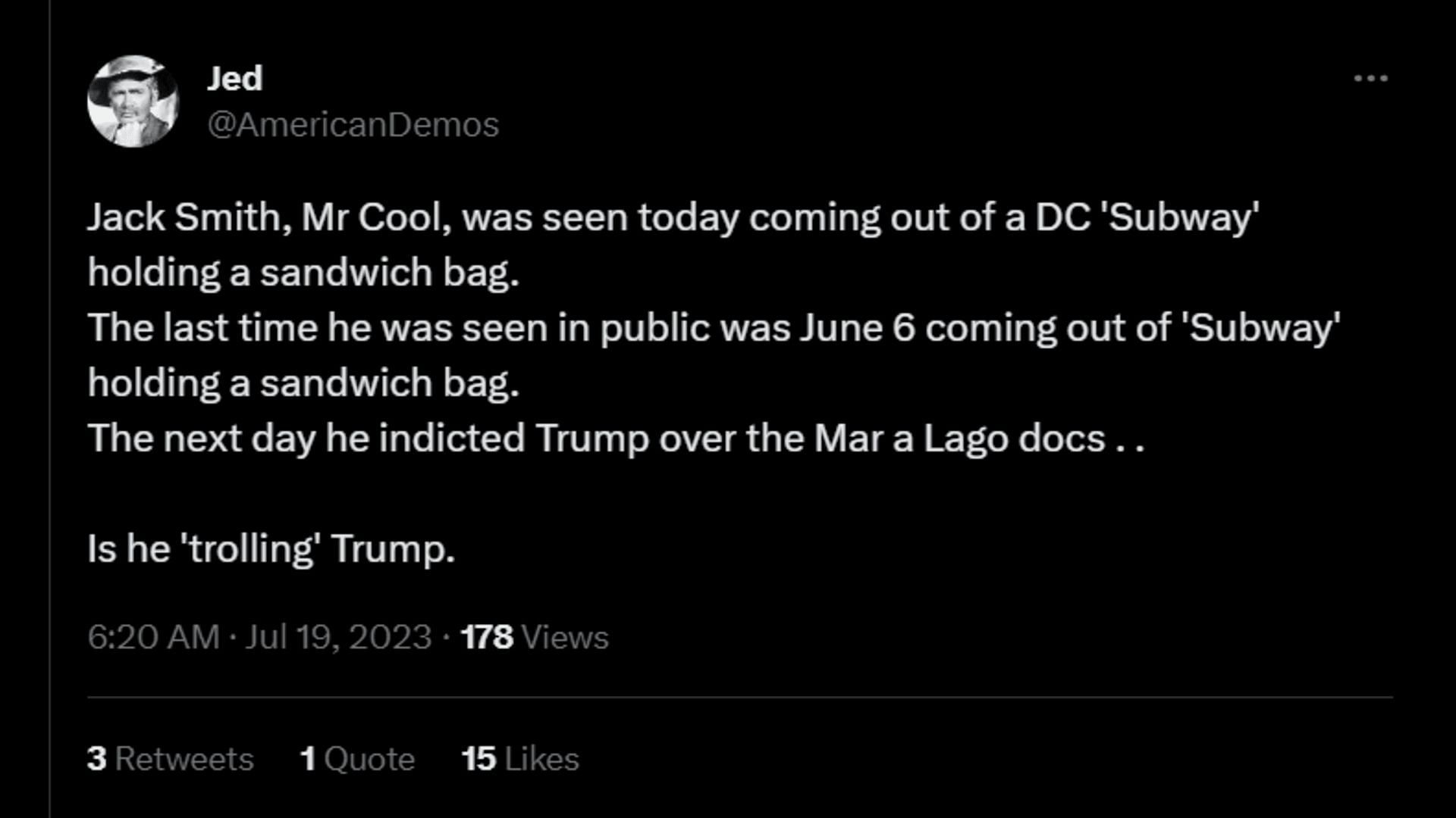 A netizen thinks Smith&#039;s subway visits always coincide with him indicting Trump. (Image via Twitter/Jed)