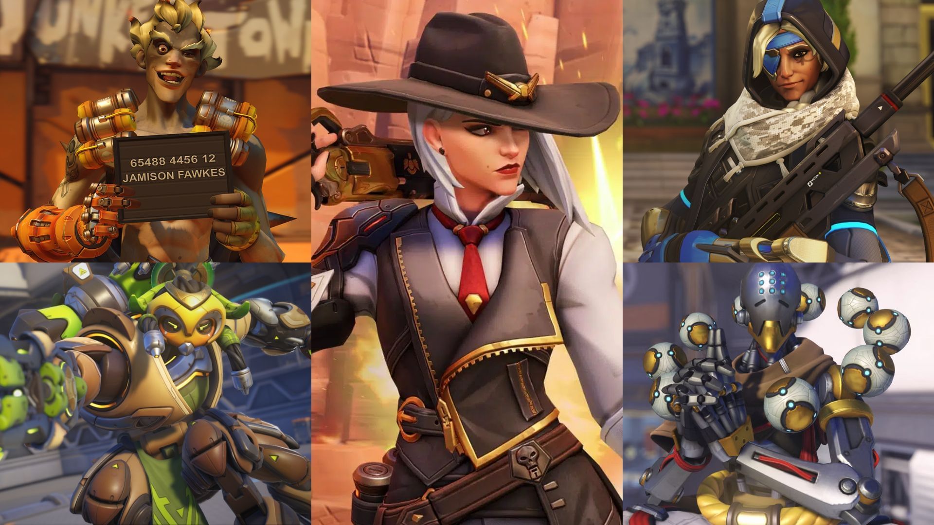 Team comp with Orisa, Ashe, Junkrat, Zenyatta, and Ana (Image via Blizzard Entertainment &amp; Sportskeeda)