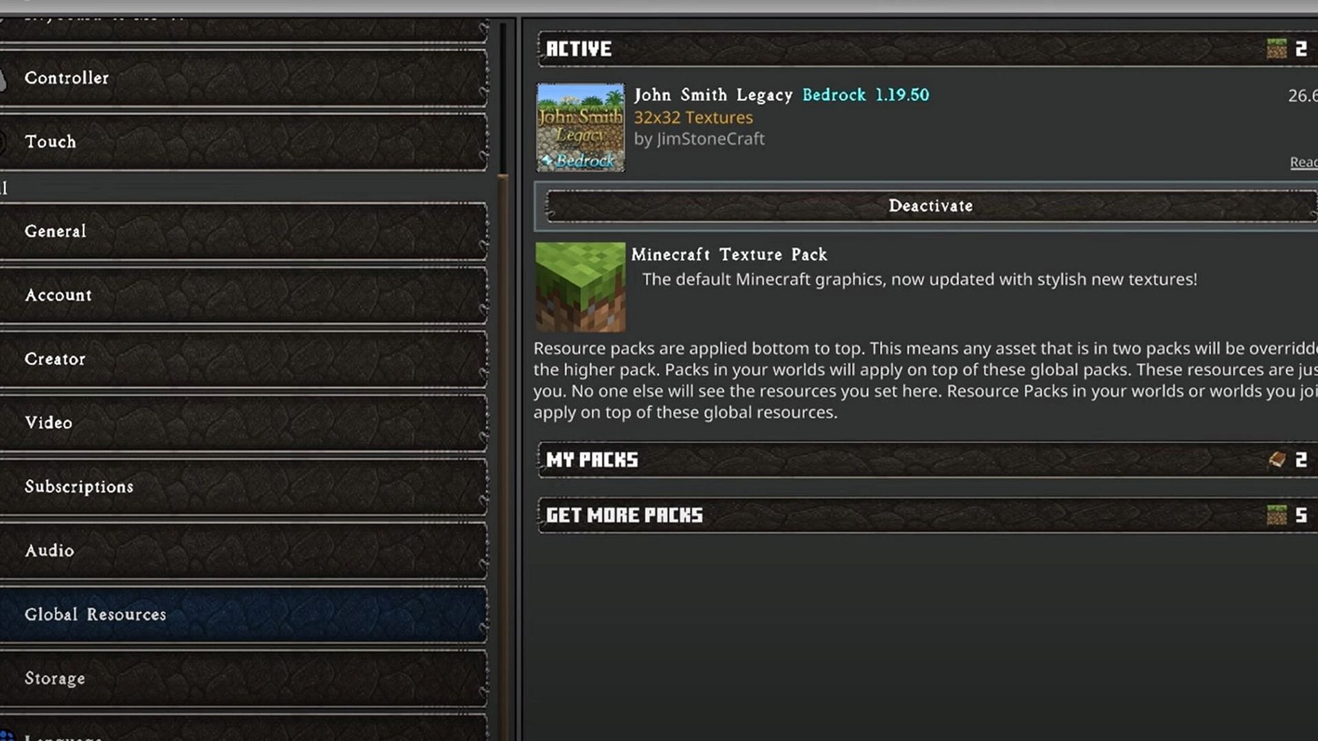 Here, you can activate or deactivate your desired texture pack (Image via Mojang Studios)