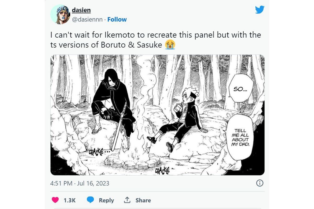 Boruto asking Sasuke about Naruto (Image via Twitter)