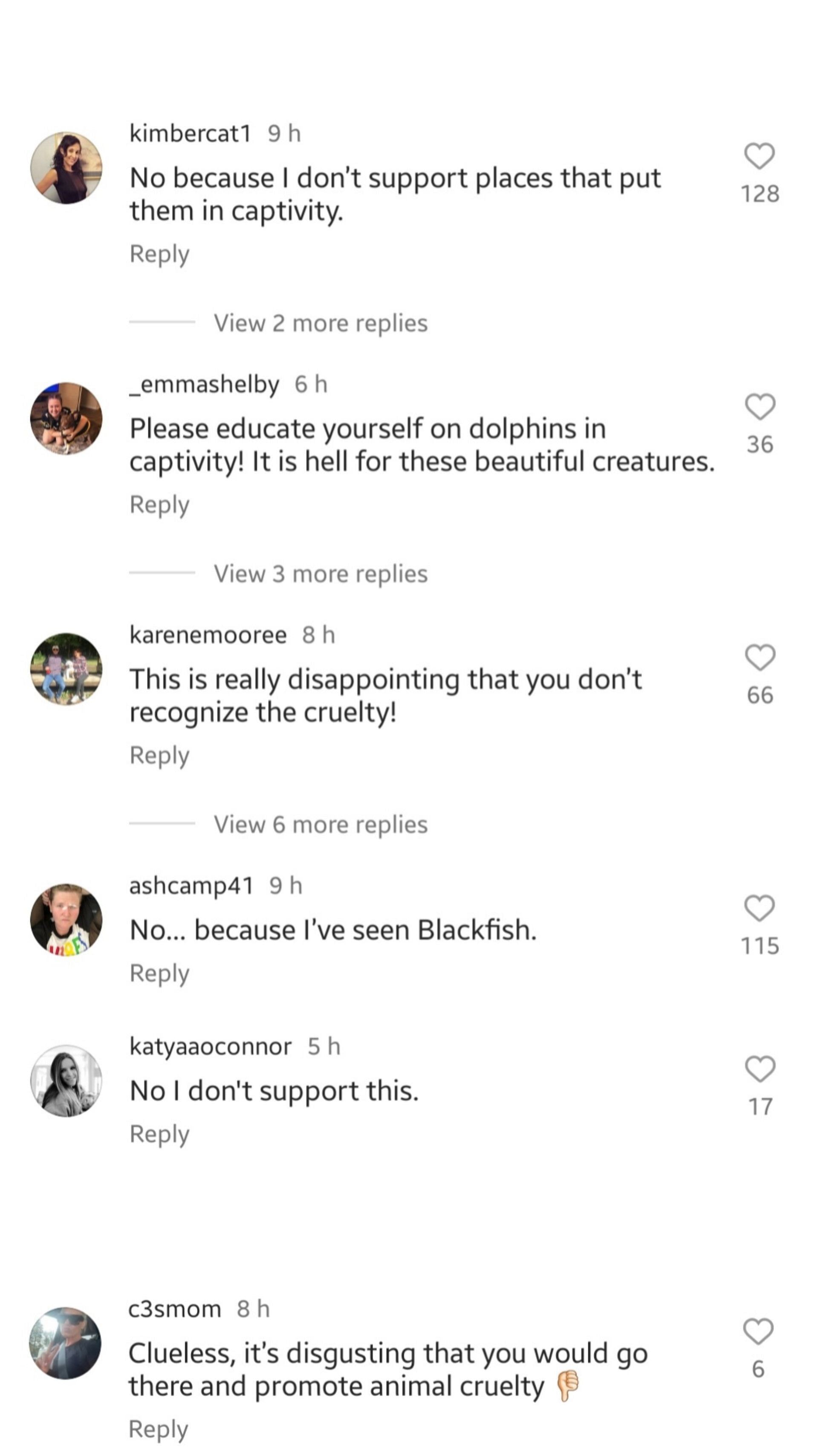 Comments on Brittany Mahomes&#039; Instagram post about spending time with a dolphin.