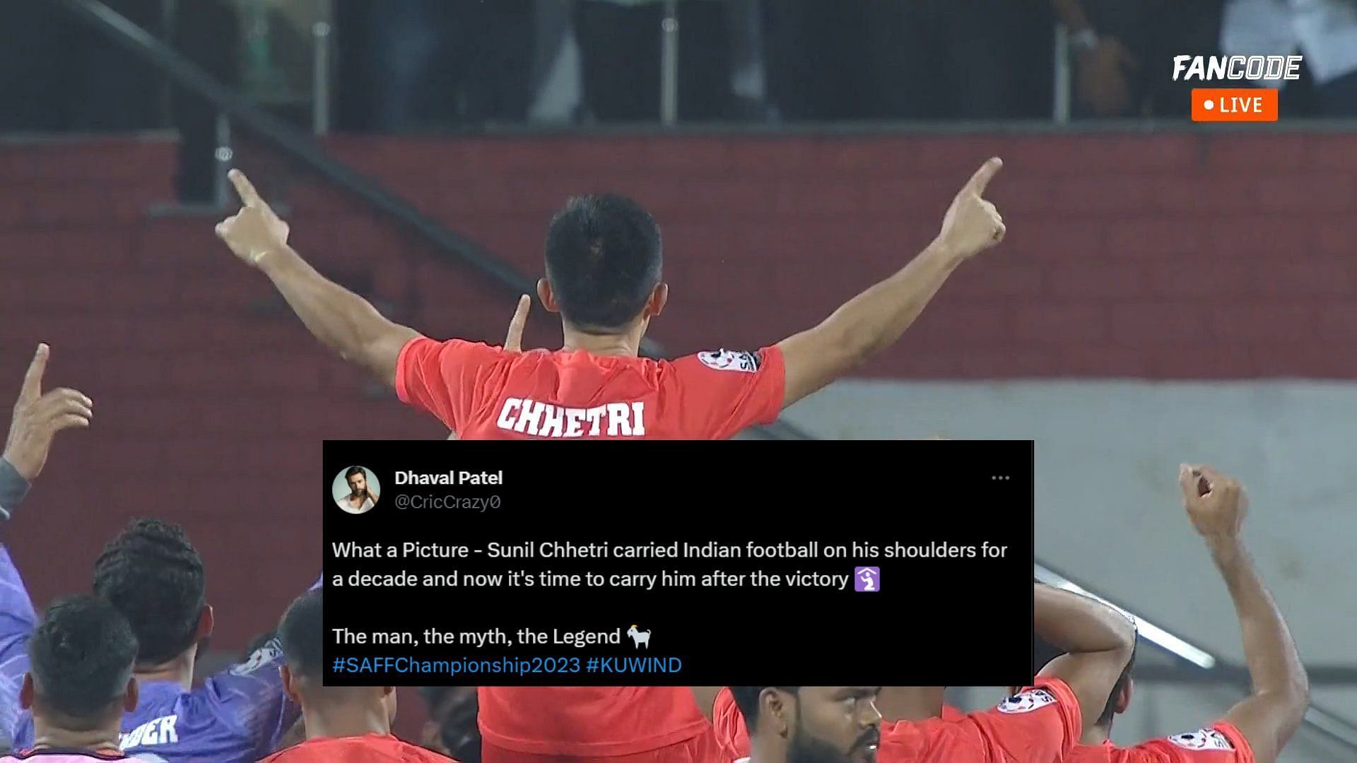 Sunil Chhetri led India to a record 9th SAFF Championship win on Tuesday night at the Sree Kanteerava Stadium. (Image: Twitter/FanCode)