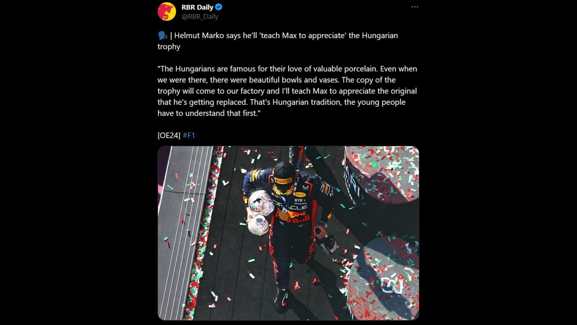 Tweet quoting Helmut Marko about the 2023 F1 Hungarian Grand Prix&#039;s trophy (Image via Sportskeeda)