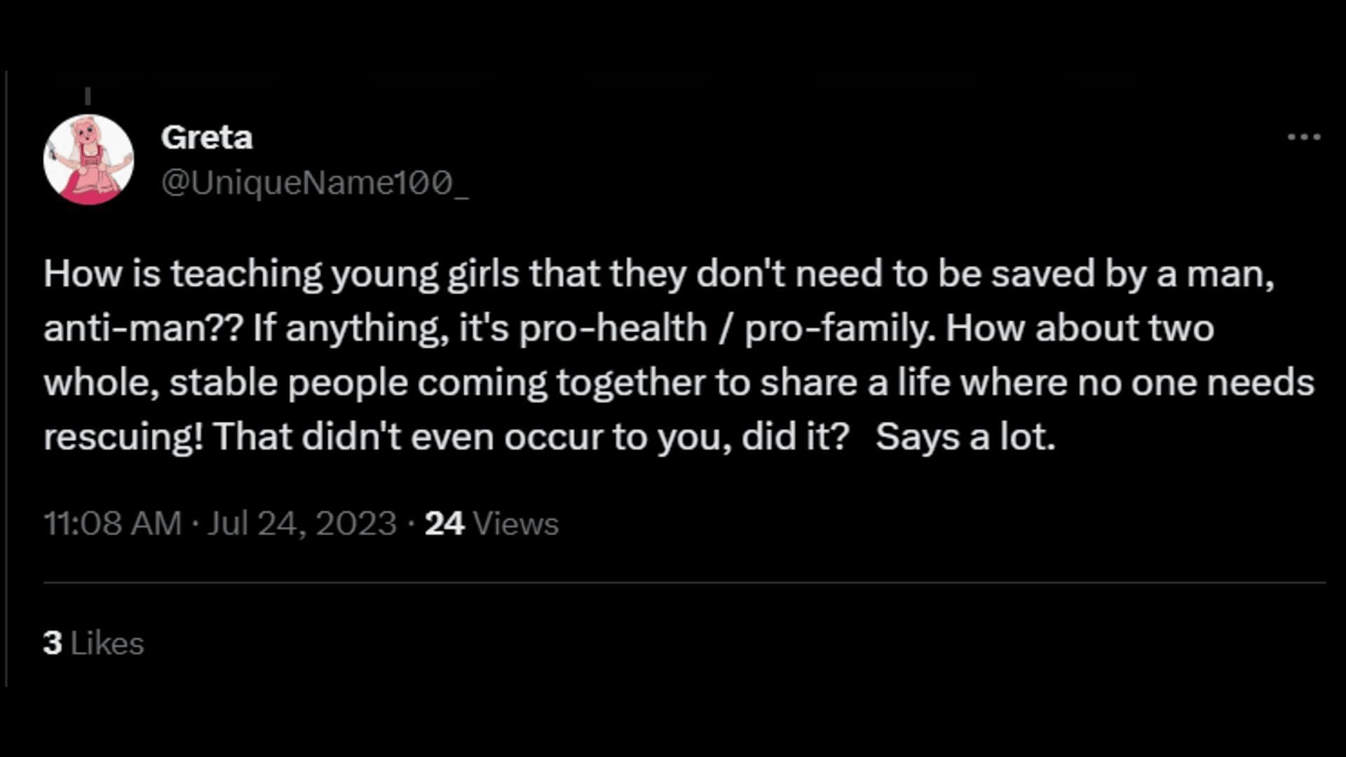 A netizen feels that teaching girls they don&#039;t need rescuing from men is backdated. (Image via Twitter/Greta)