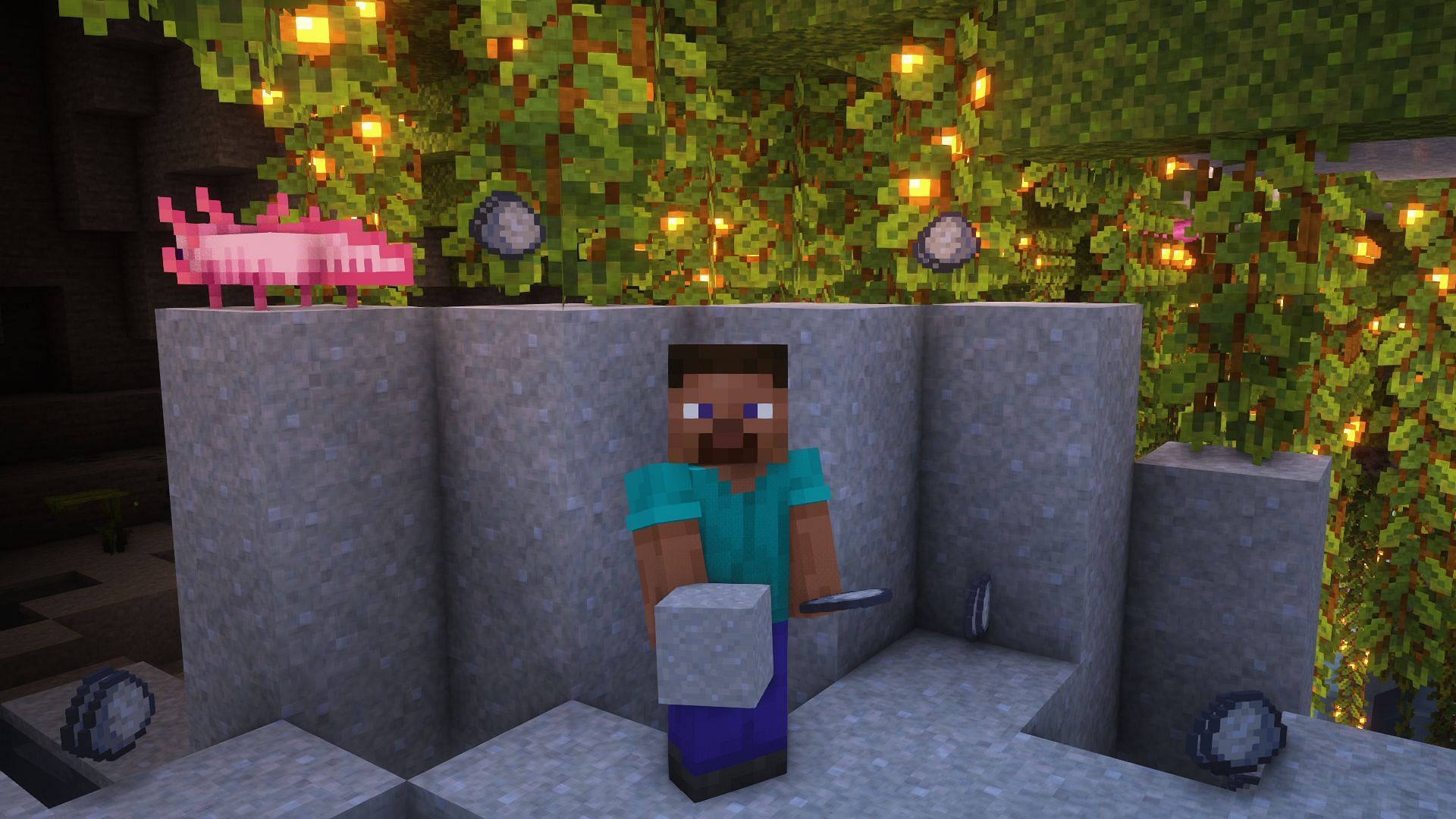 Steve with clay in a lush cave (Image via Mojang)