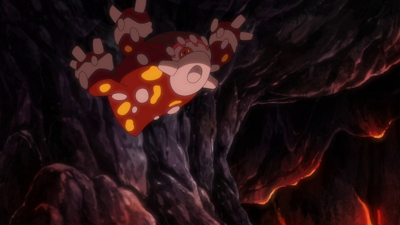 Heatran in its natural habitat, as seen in the anime (Image via The Pokemon Company)