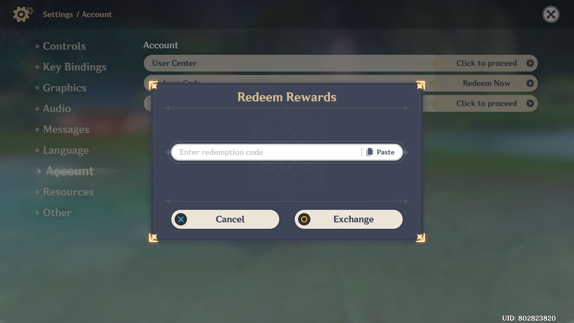 Code redemption option in-game (Image via HoYoverse)
