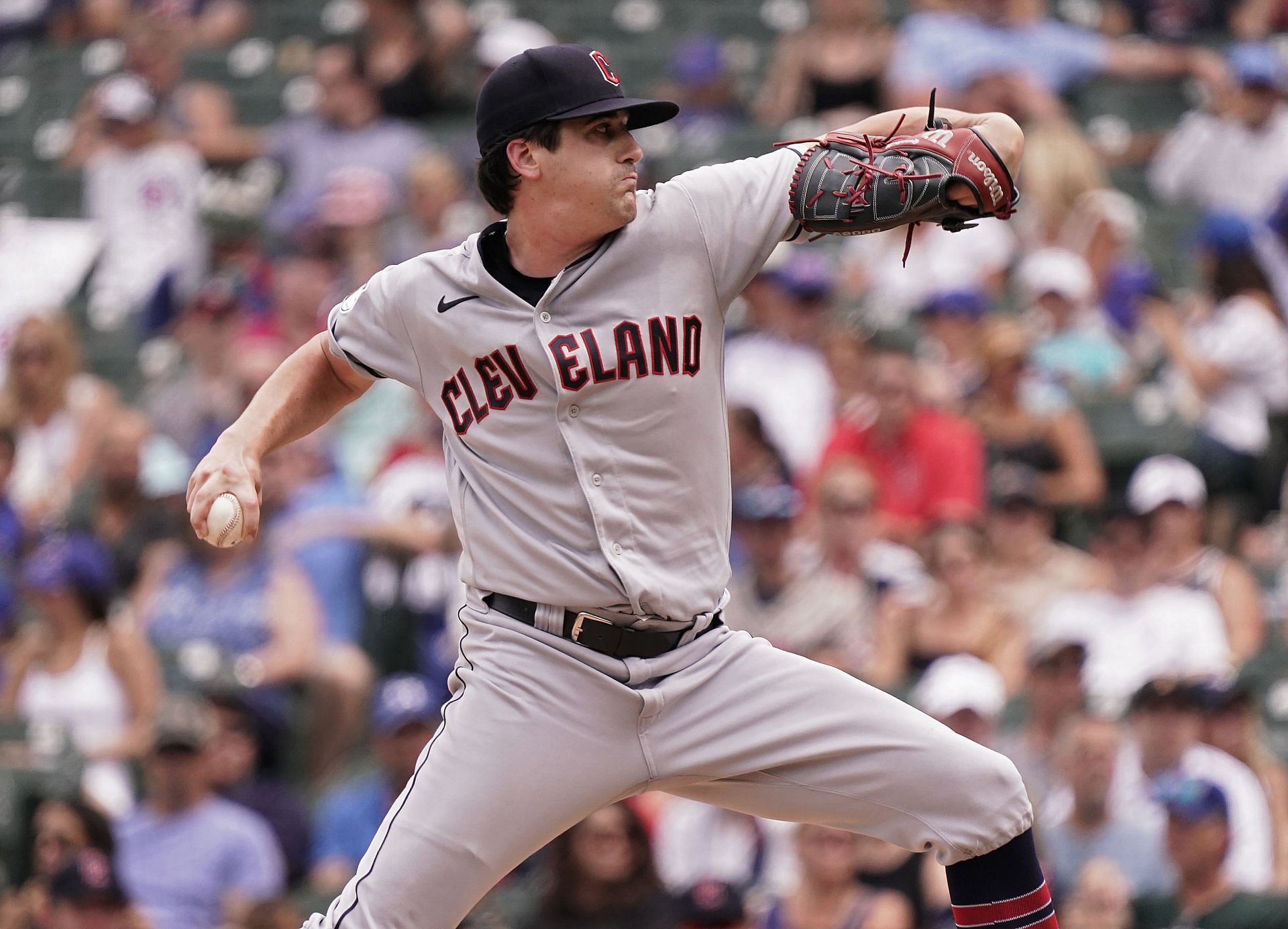 Cal Quantrill #47 of the Cleveland Guardians pitches during the fourth inning against the Chicago Cubs at Wrigley Field on June 30, 2023