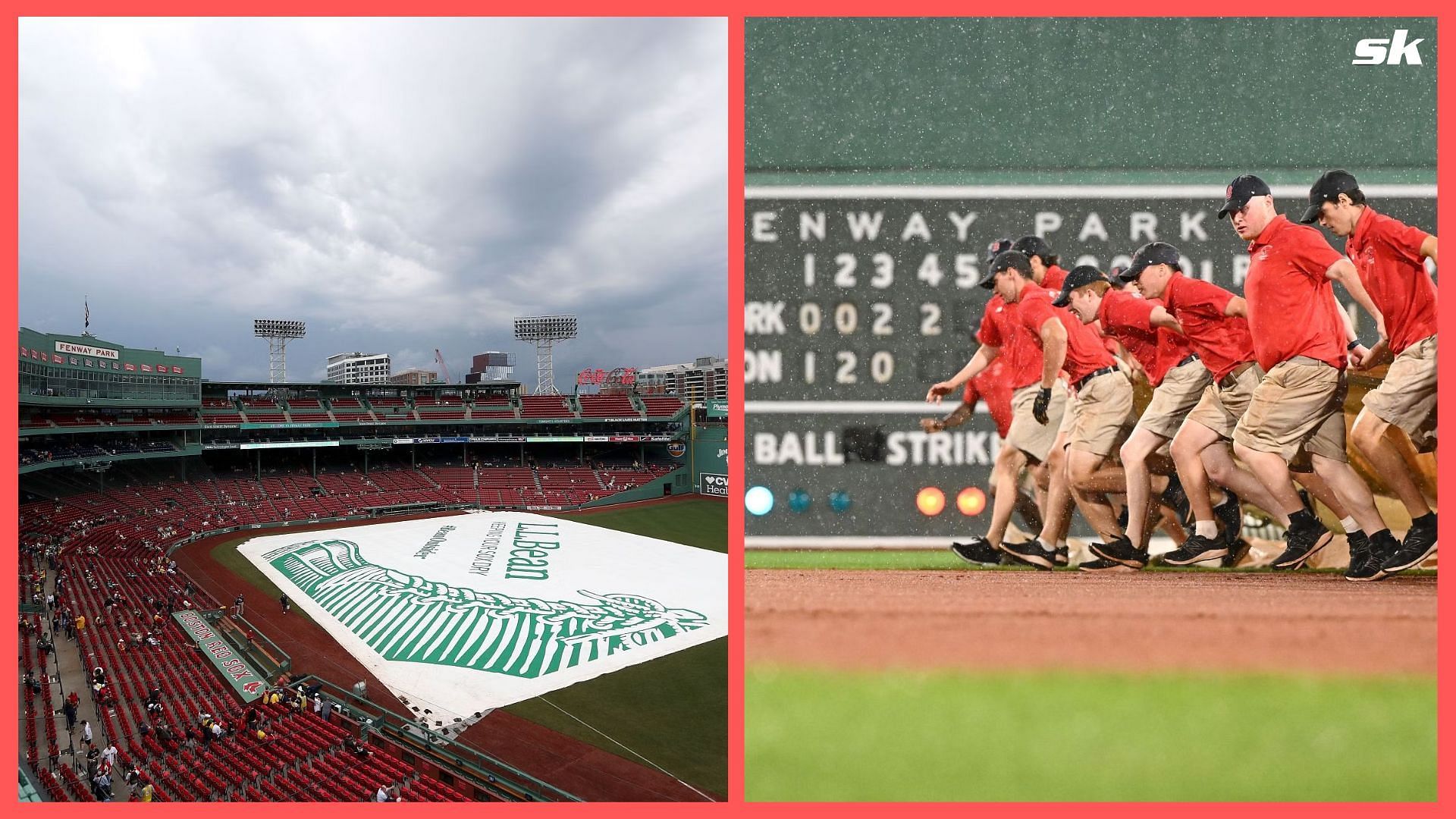 Fenway Park was covered by the tarp as the game between the Red Sox and Mets was postponed due to a rain delay.