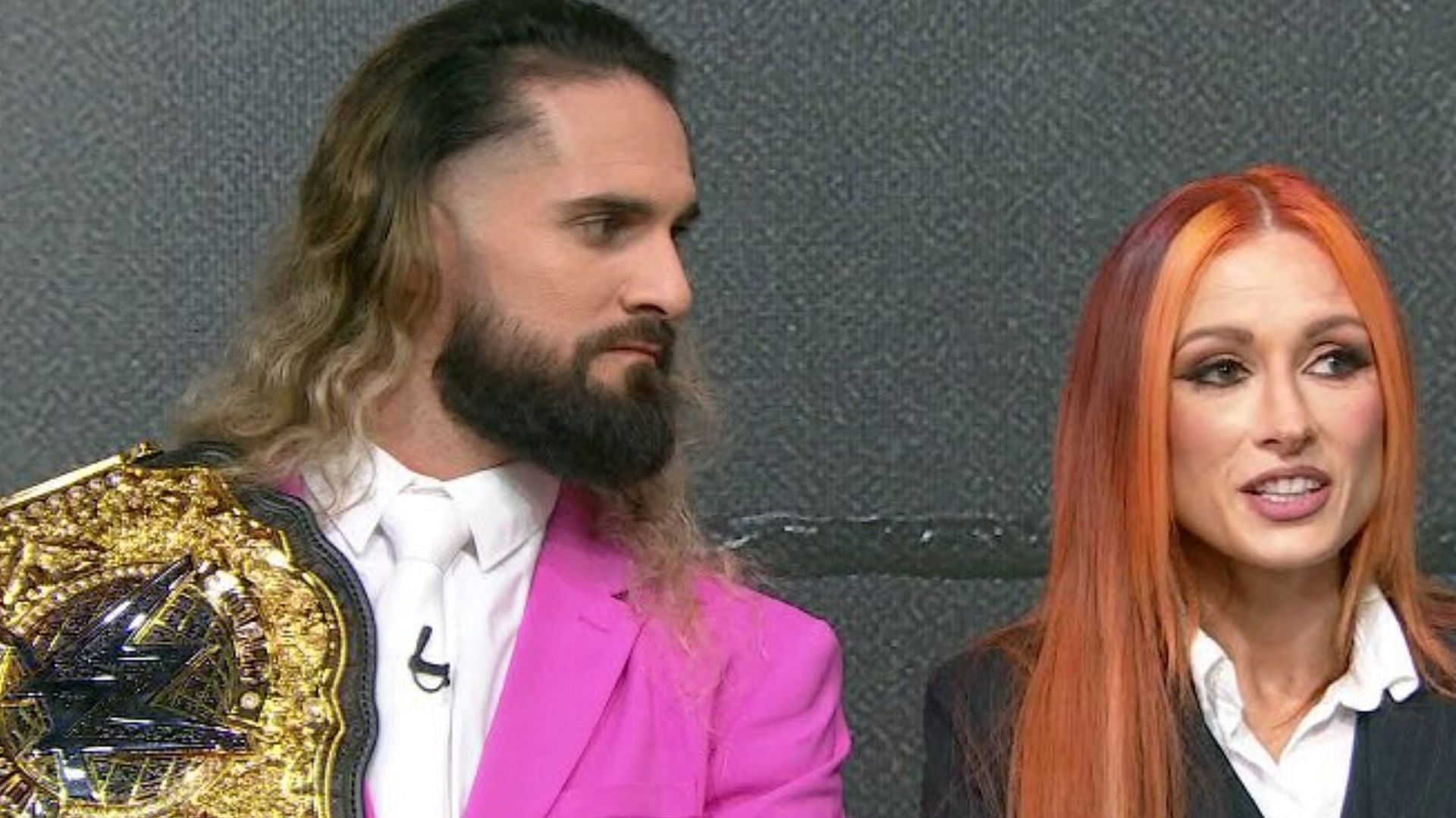 Seth Rollins and Becky Lynch promoting Money in the Bank in London.