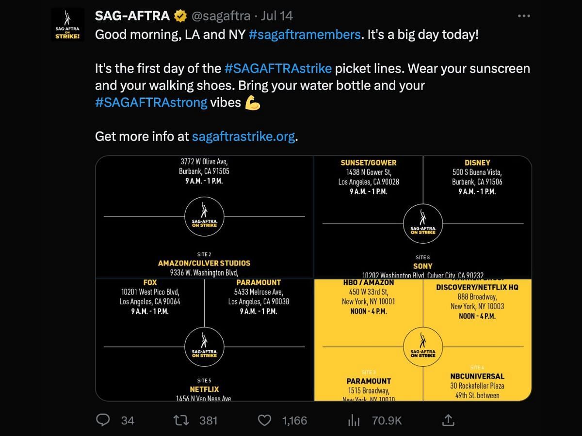 SAG-AFTRA Tweeted calling out to all NYC and LA artists to join the strike (Image via Twitter/ @sagaftra)