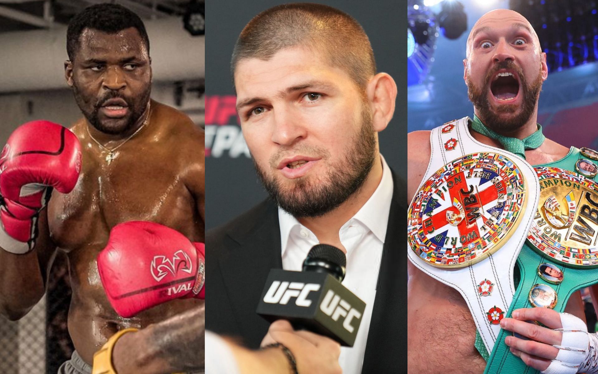 Francis Ngannou (left), Khabib Nurmagomedov (middle) and Tyson Fury (right) [Images Courtesy: @GettyImages and @tysonfury and @francisngannou on Instagram]