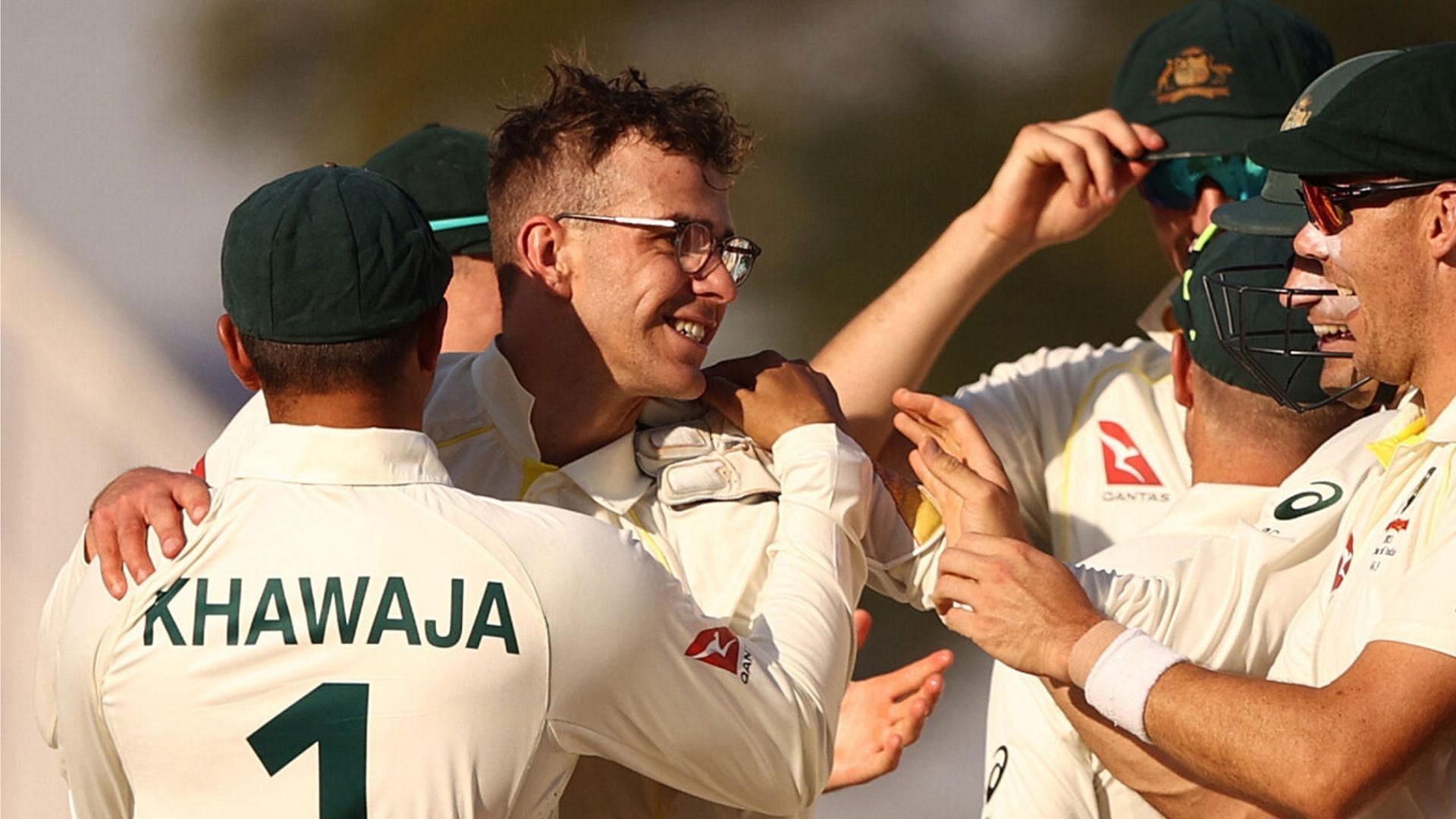 Todd Murphy (center) celebrating after picking up his maiden Test wicket - IND vs AUS, 1st Test, 2023.