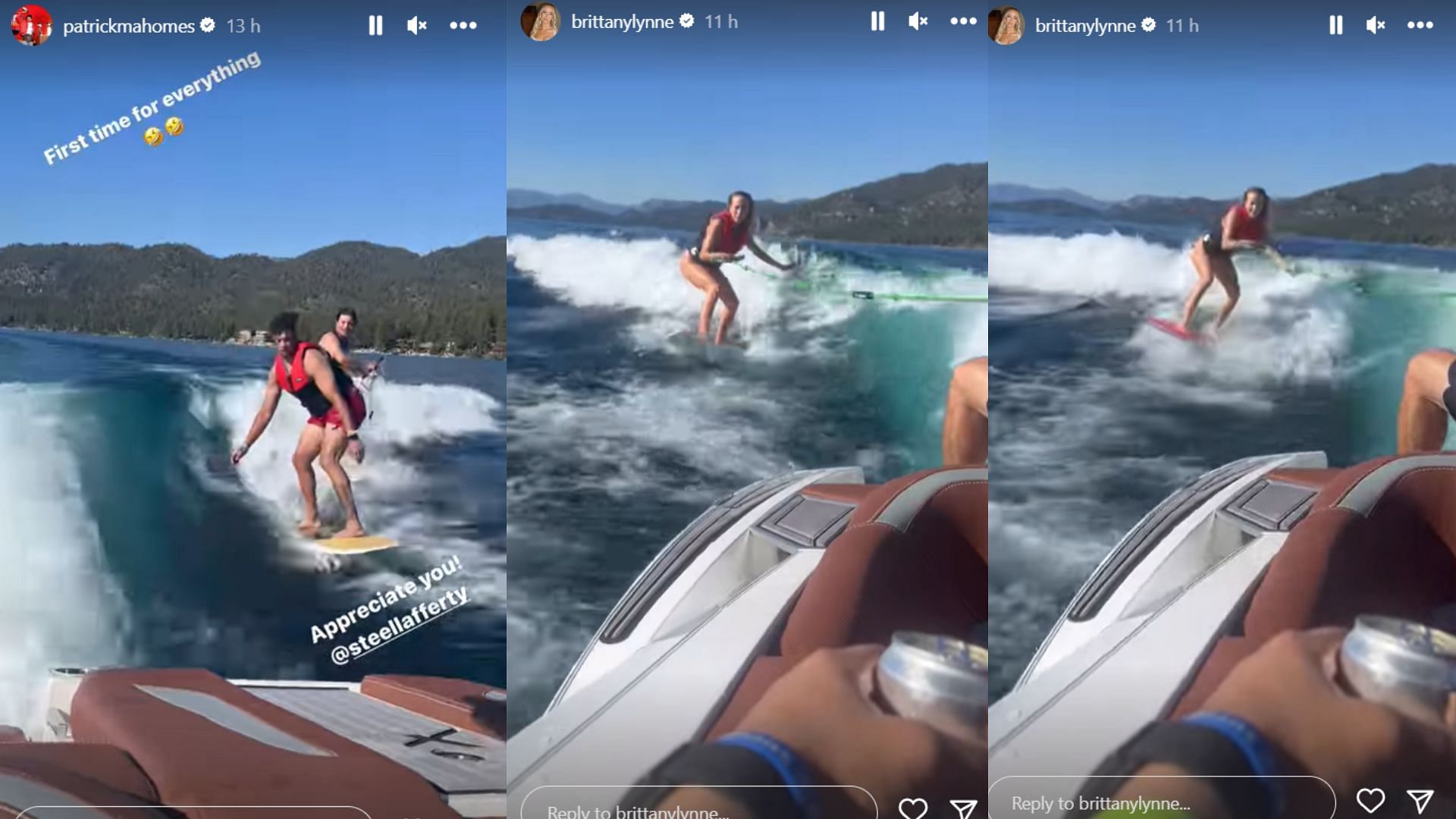 Patrick Mahomes and Brittany try wake surfing for the first time and enjoy doing so (Image Credit: Patrick Mahomes&#039; and Brittany Mahomes&#039; Instagram Story).