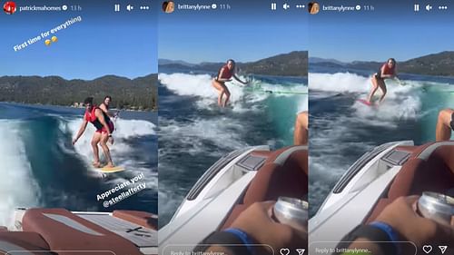 Patrick Mahomes and Brittany try wake surfing for the first time and enjoy doing so (Image Credit: Patrick Mahomes' and Brittany Mahomes' Instagram Story).