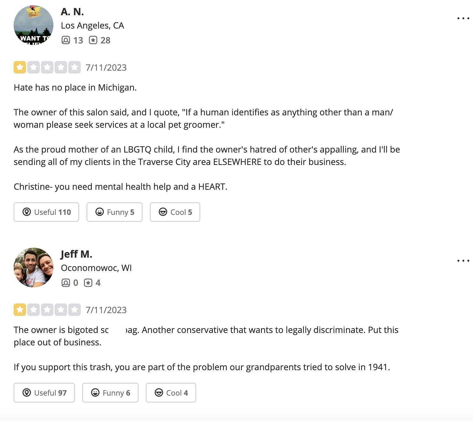 Social media users bash the Studio 8 Hair Lab for barring Trans people from entering their salon: Reactions and reviews explored. (Image via Yelp)