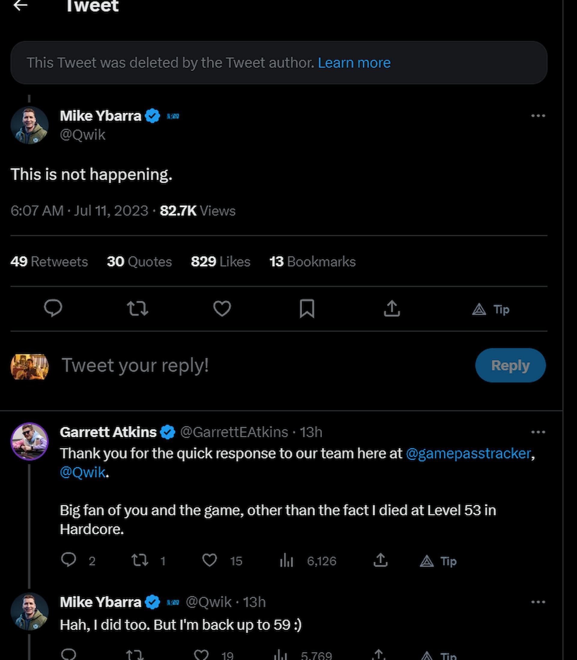 Mike Ybarra responded to a tweet that mentioned Diablo 4 will be coming to Game Pass. The parent tweet has been deleted (Screenshot by Sportskeeda)