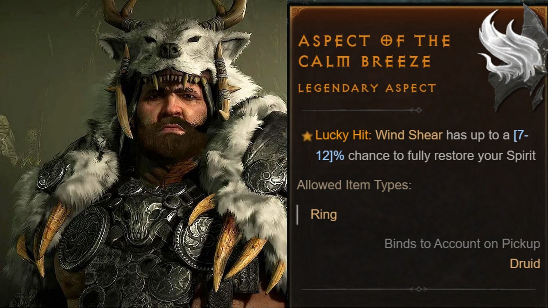 Druid on the left and description of Aspect of the Calm Breeze in Diablo 4.