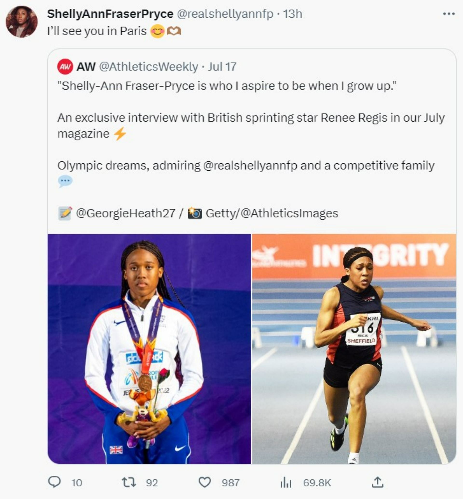 Screenshot of Shelly-Ann Fraser-Pryce&#039;s tweet