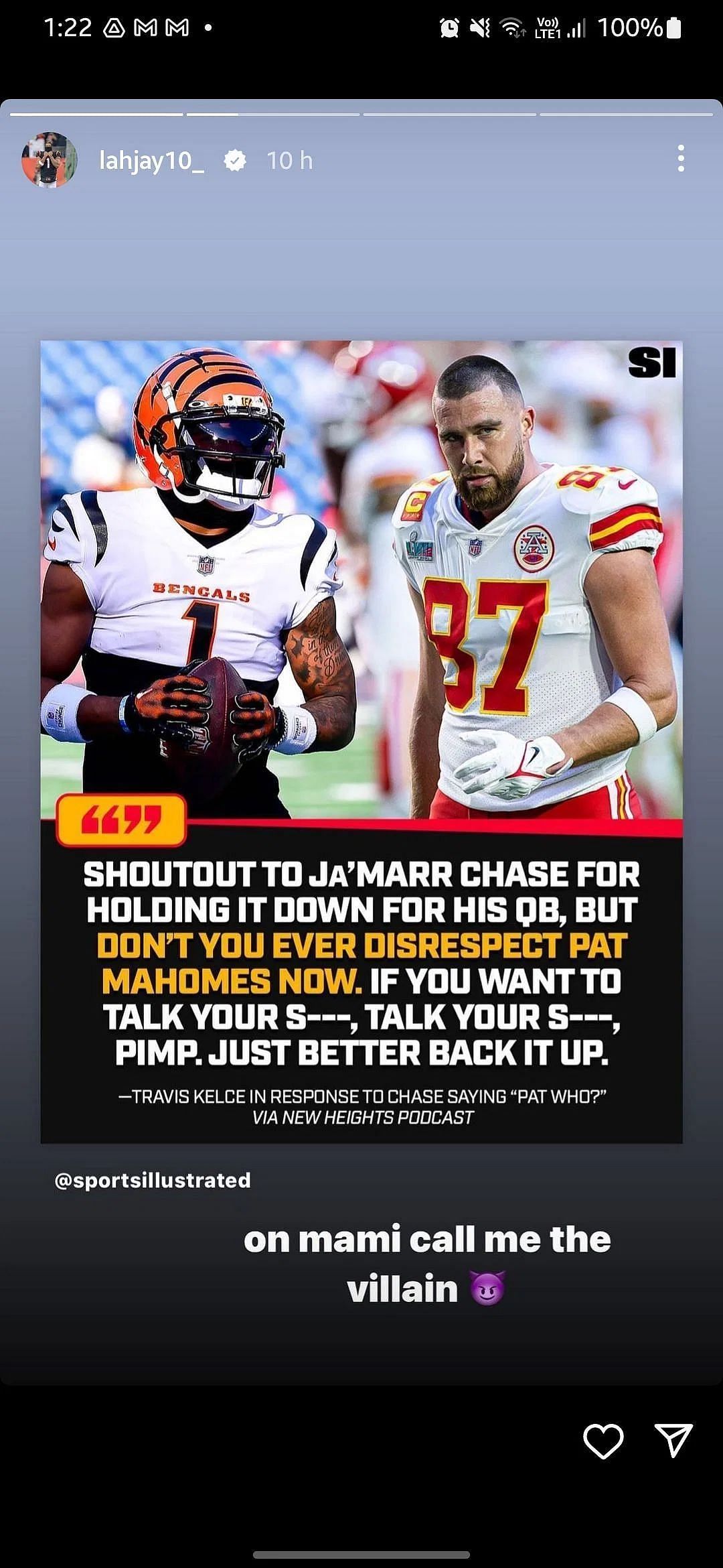 Ja&#039;Marr Chase responds to Travis Kelce in their ongoing verbal beef. (Image credit: Ja&#039;Marr Chase on Instagram)