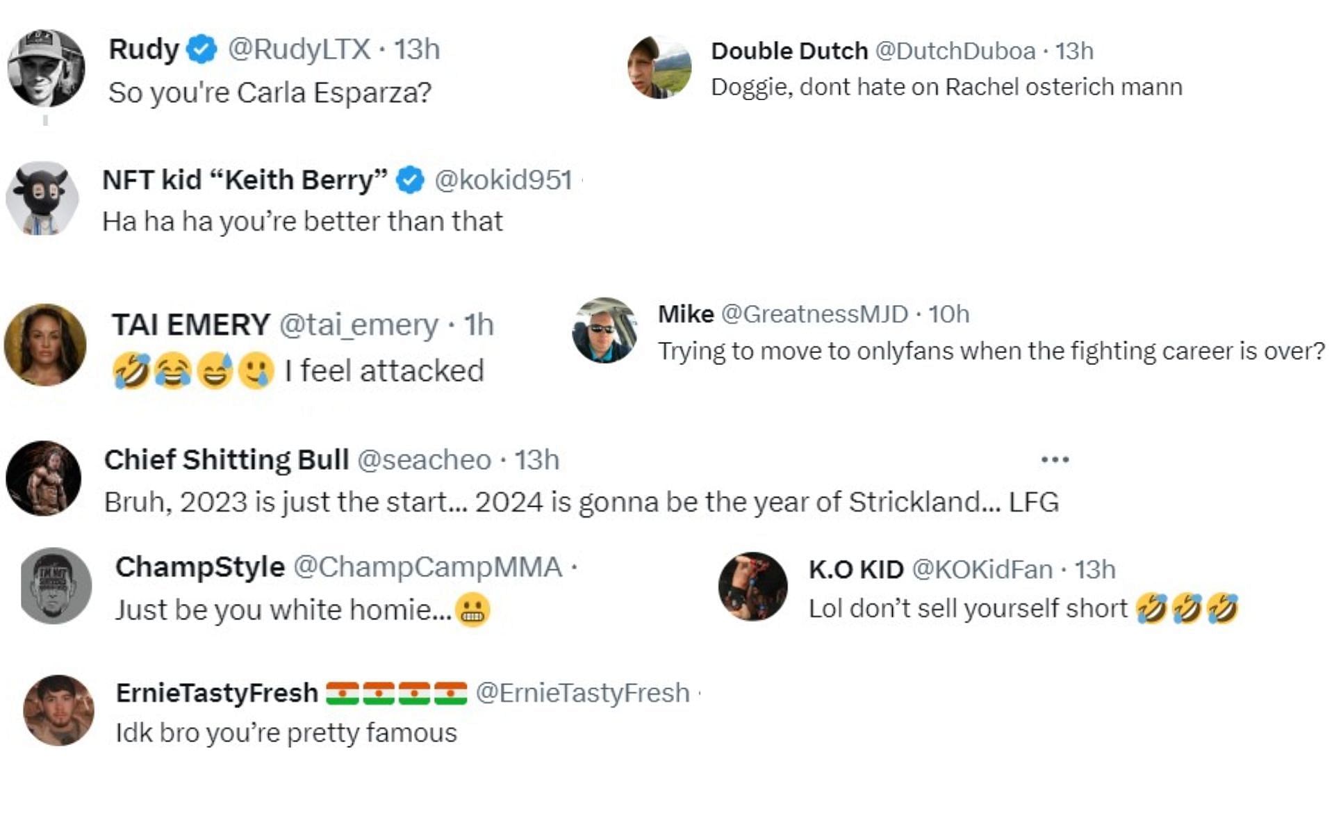 Screenshot of fan reactions to Strickland's tweet