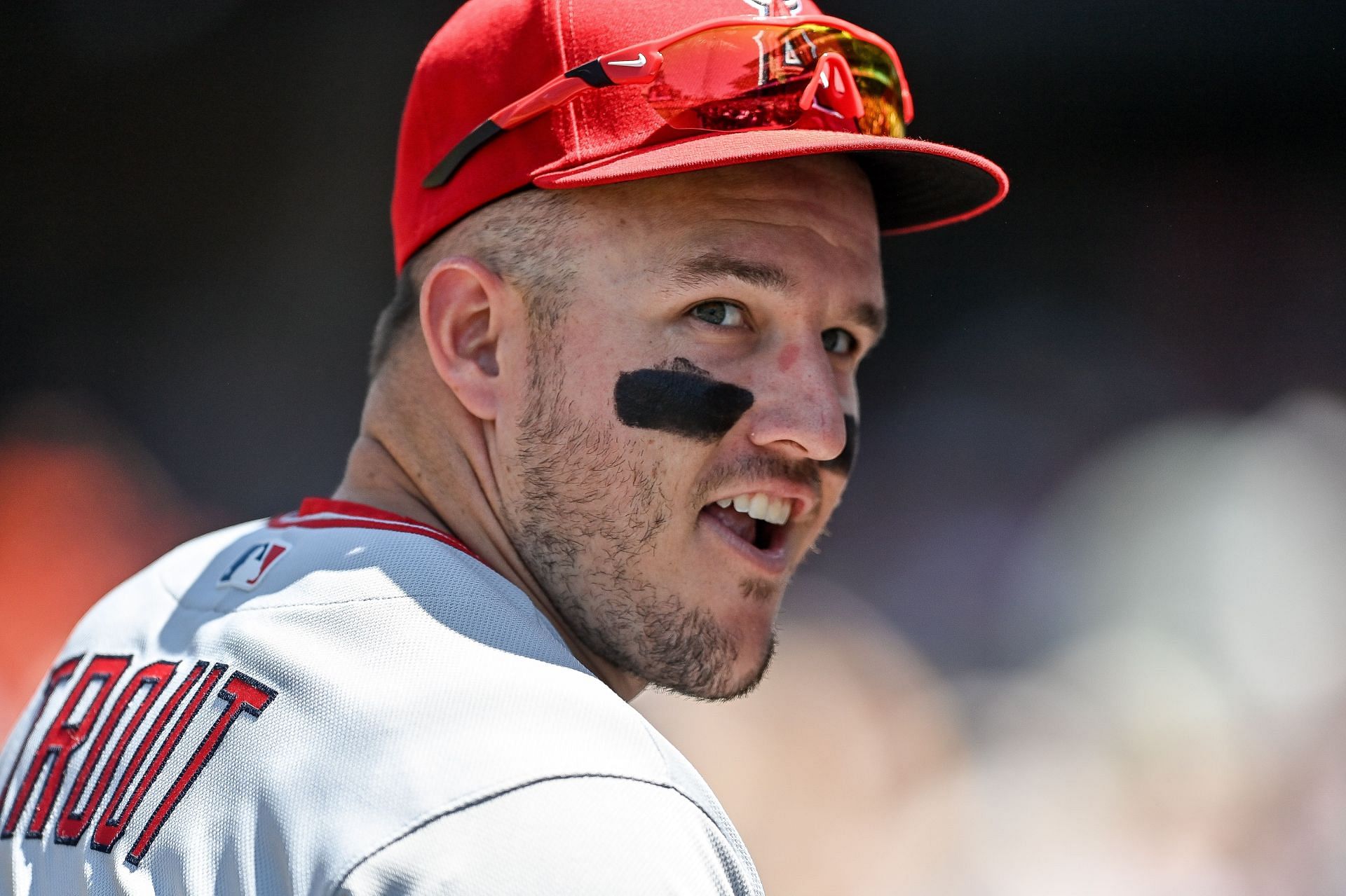 Mike Trout of the Los Angeles Angels looks on during a game against the Colorado Rockies at Coors Field