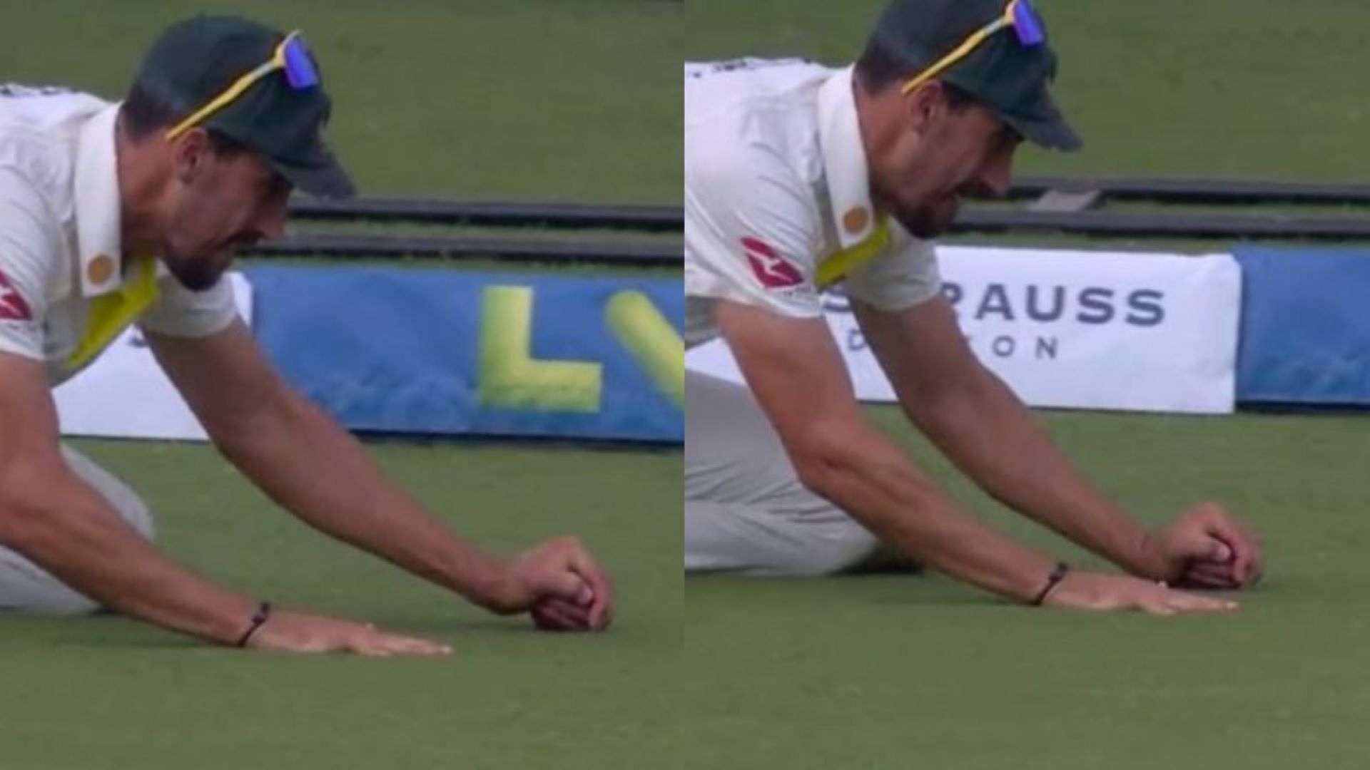 Mitchell Starc takes a diving catch that was overturned on Day 4 of the second Test