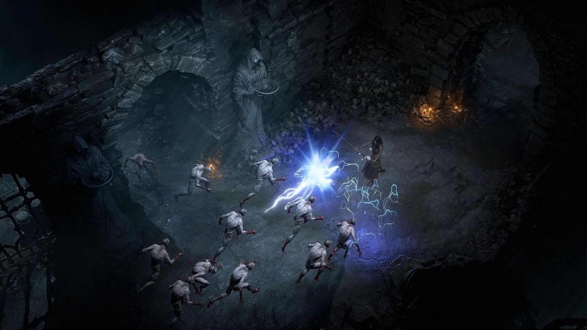 Multiple Ghouls running towards a Sorcerer in Diablo 4.