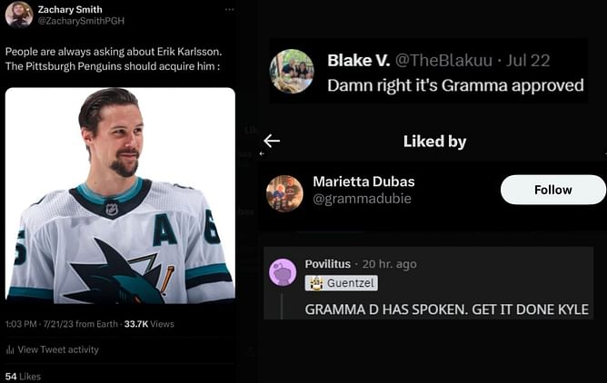 "Gramma D has spoken": Fans rally for Erik Karlsson to Pens as Kyle Dubas' grandma likes post on Twitter