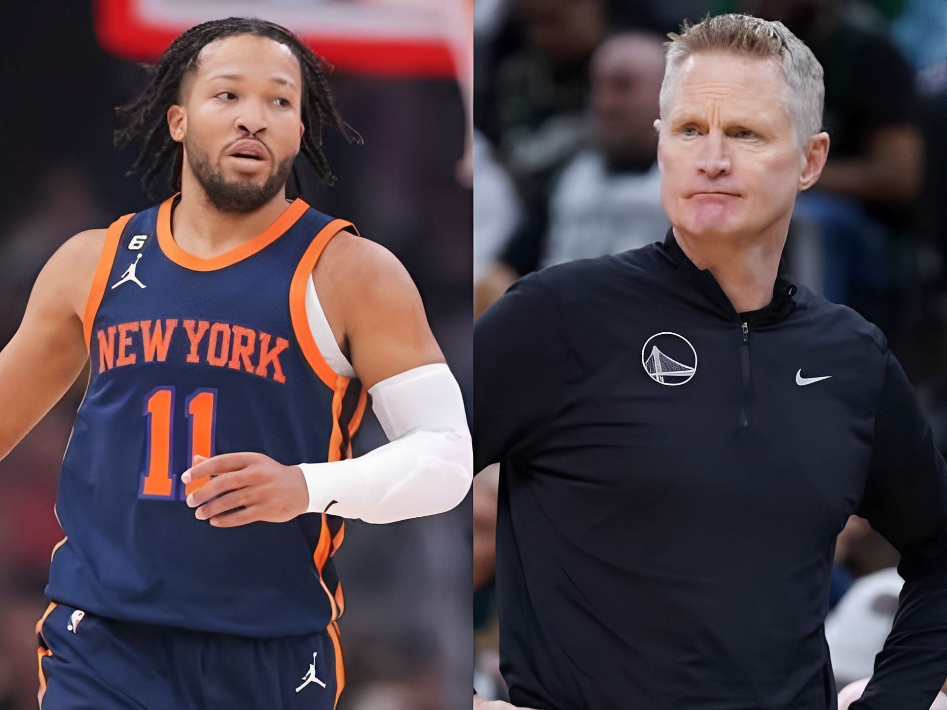 New York Knicks point guard Jalen Brunson and Golden State Warriors coach Steve Kerr