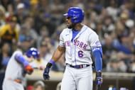 Starling Marte #6 of the New York Mets reacts after striking out