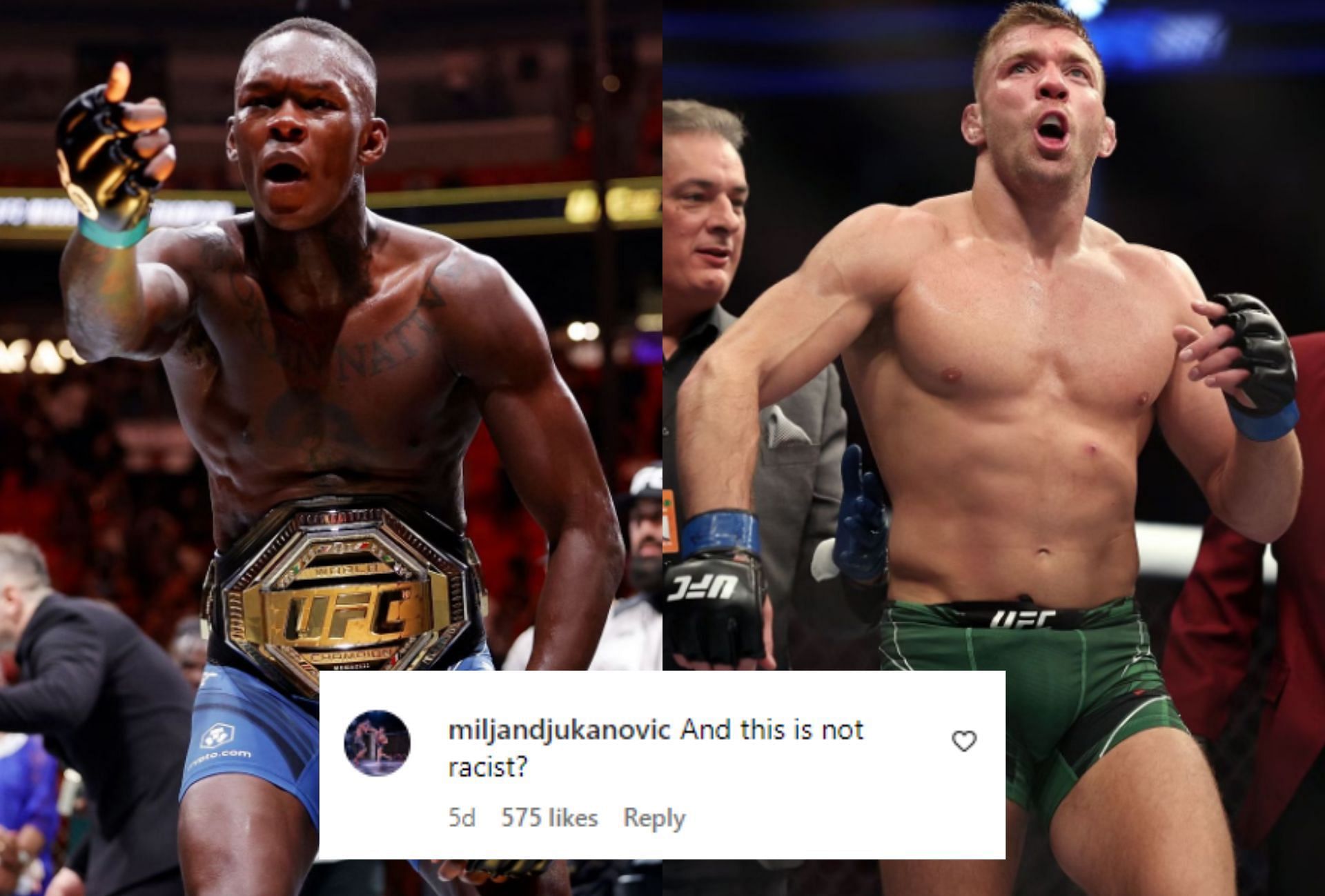 UFC middleweight champion Israel Adesanya on the left and Dricus du Plessis on the right.