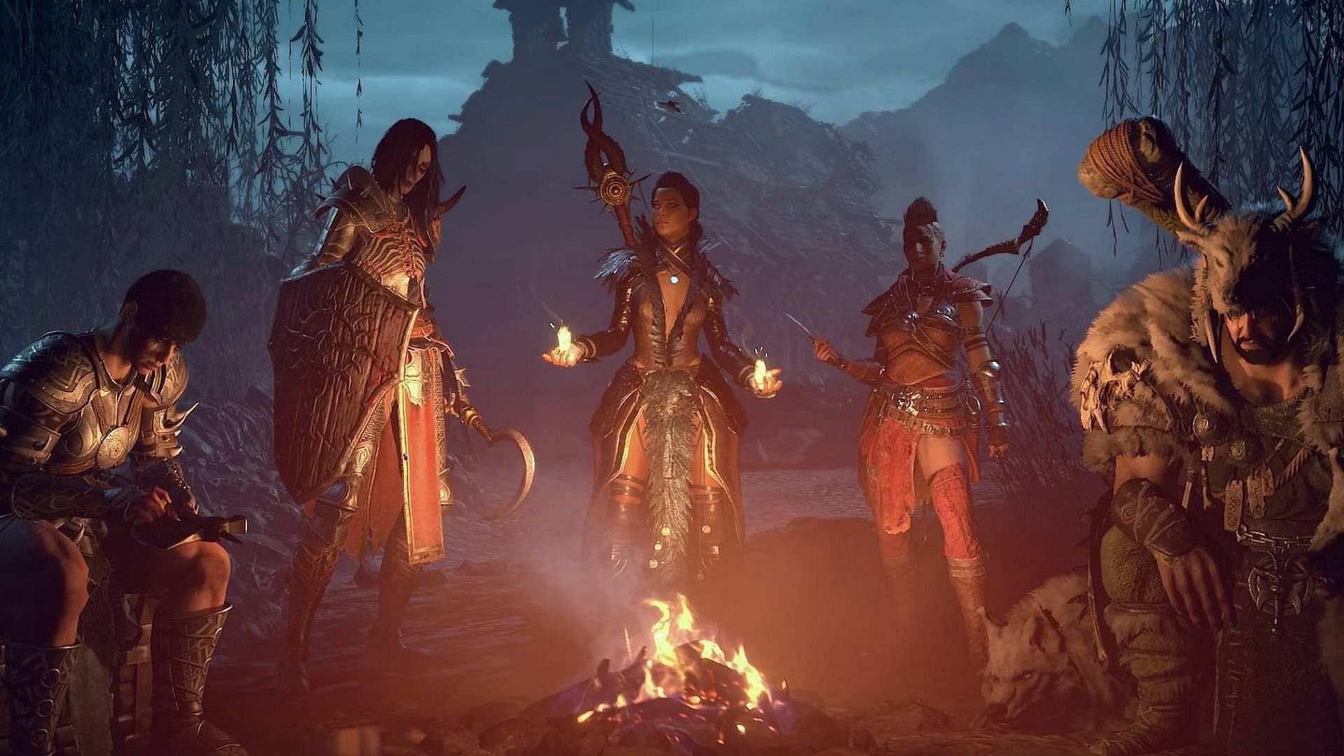 All five Diablo 4 classes standing around a campfire.