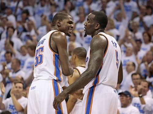 Kevin Durant and Kendrick Perkins for Oklahoma City Thunder