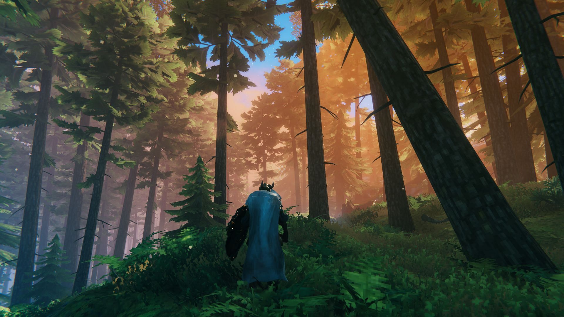 An in-game character exploring a forest.